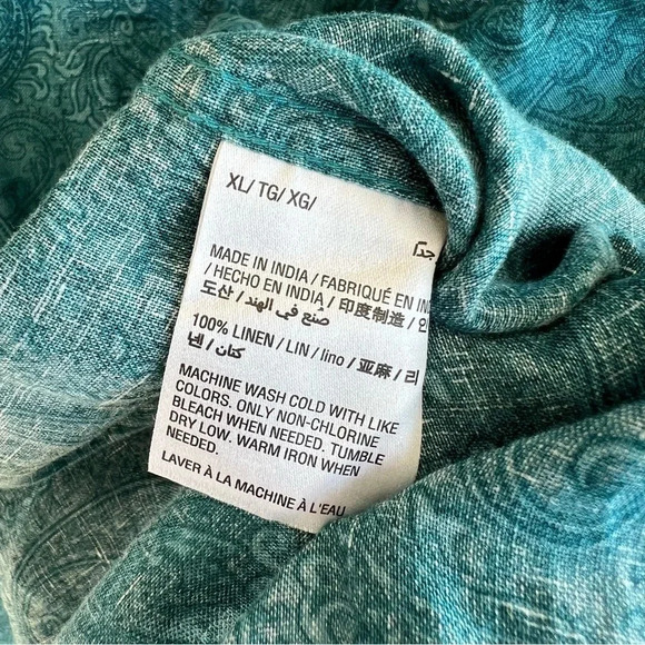 Tasso Elba Classic Paisley Linen Shirt Teal Blue XL Spring Vacation Coastal - Picture 4 of 4